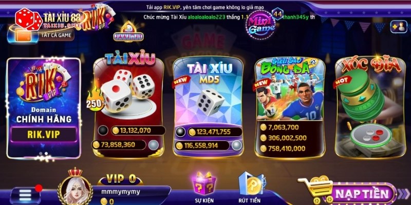 Giao diện của cổng game RIKVIP 